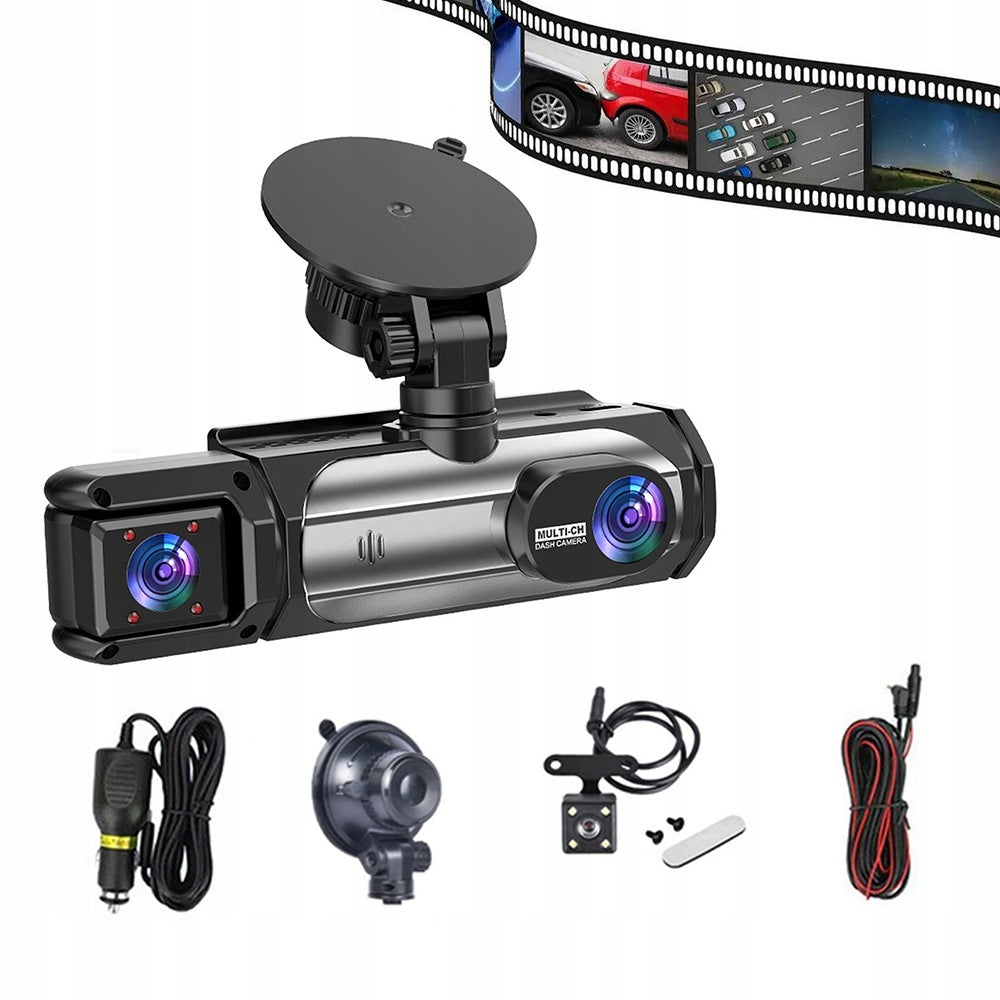 Three-channel dash cam with front, rear and interior camera, and this Brand no brand
