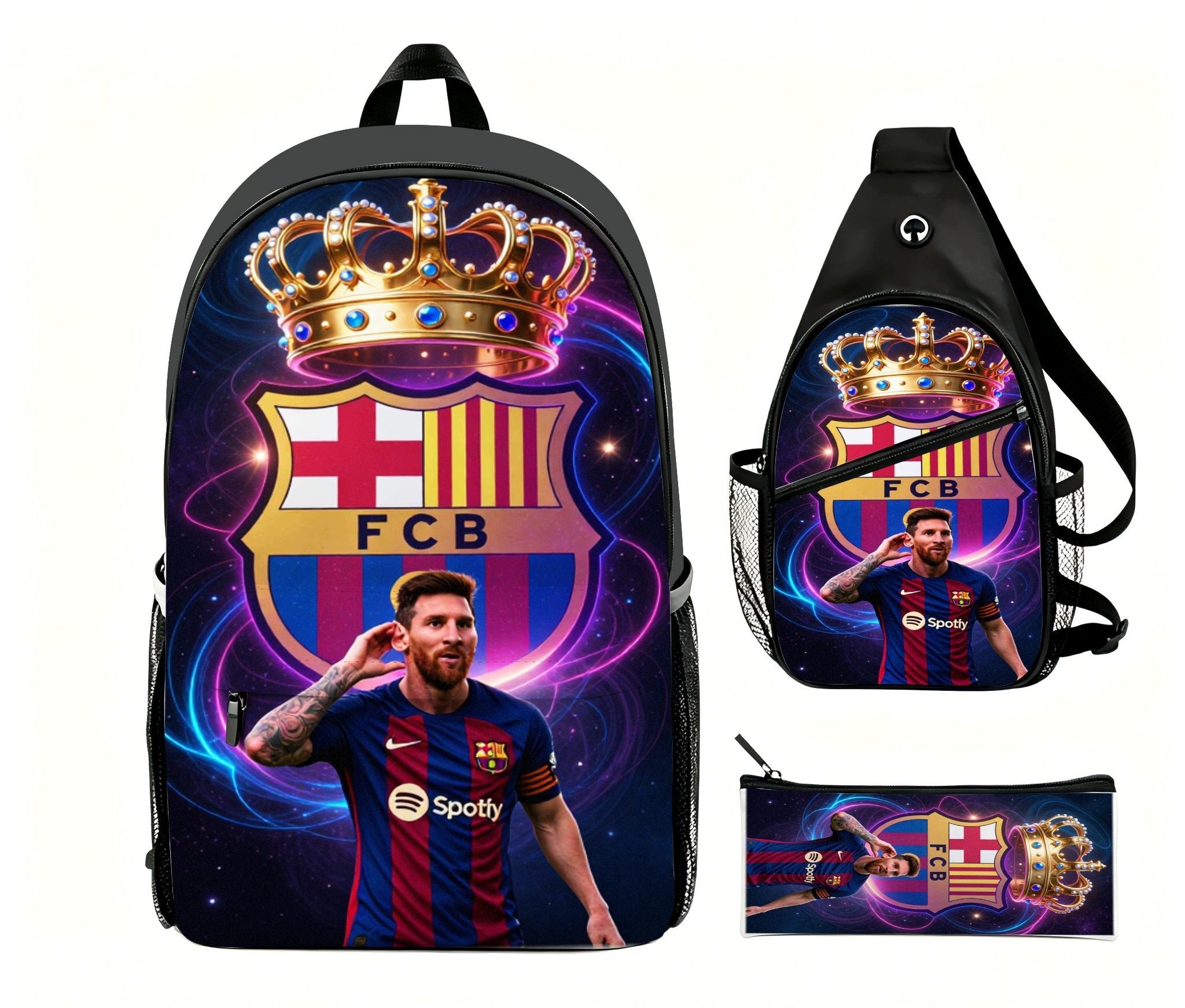 Three-piece FC Barcelona football club set black backpack with kosm