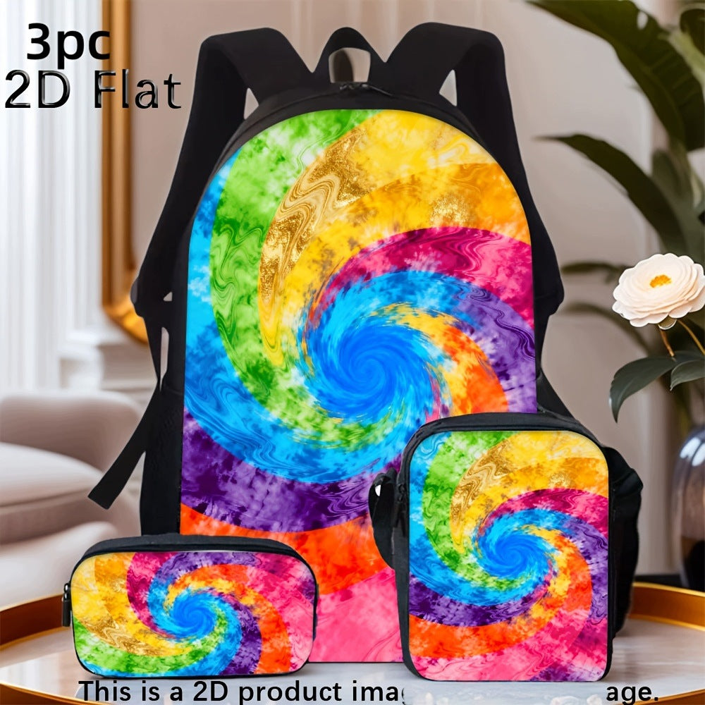 Tie-Dye Spiral Print Backpack Set with Zipper Pouch