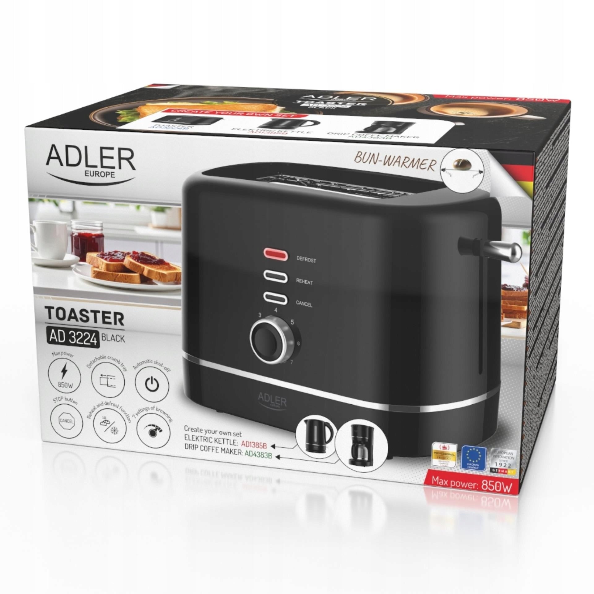 Toaster Black Adler 850W 7 Levels Toasting Defrosting Grate for Rolls Brand no brand