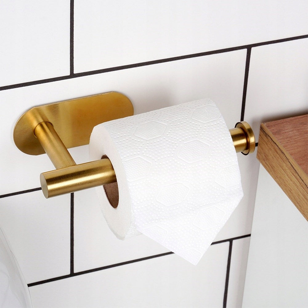 Toilet Paper Hanger Wall Mounted Self Adhesive Steel Holder Gold Packaging status original
