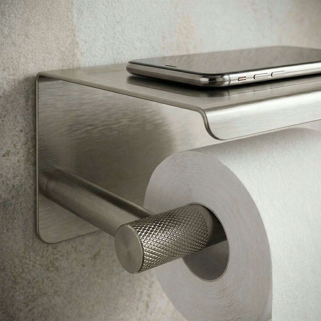 Toilet Paper Holder Silver With Shelf Rea Modern Brushed Steel Brand Rea