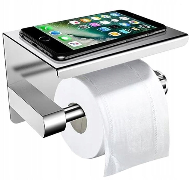 Toilet Paper Holder With Shelf Bathroom Hooks 2 Hangers Silver Packaging status original
