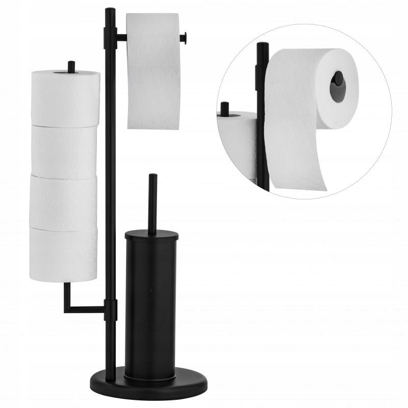Toilet Paper Rack and Toilet Brush Bathroom Black Bamboo Handle