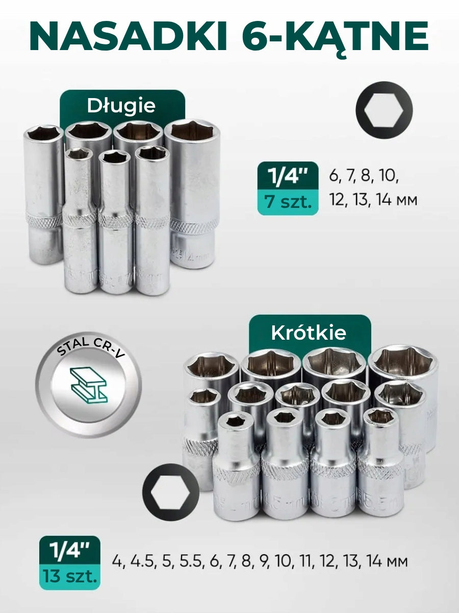 Tool set 1/4" 66el. 6-angle 4-14 mm Ratchet cap bits Rockforce Number of items in the set 66