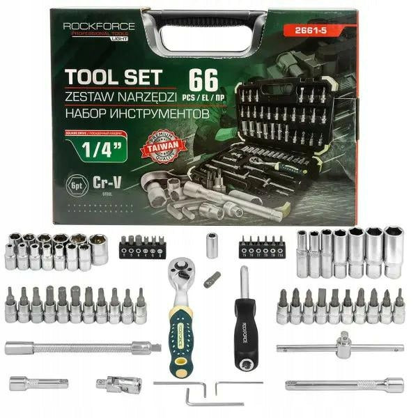 Tool set 1/4" 66el. 6-angle 4-14 mm Ratchet cap bits Rockforce