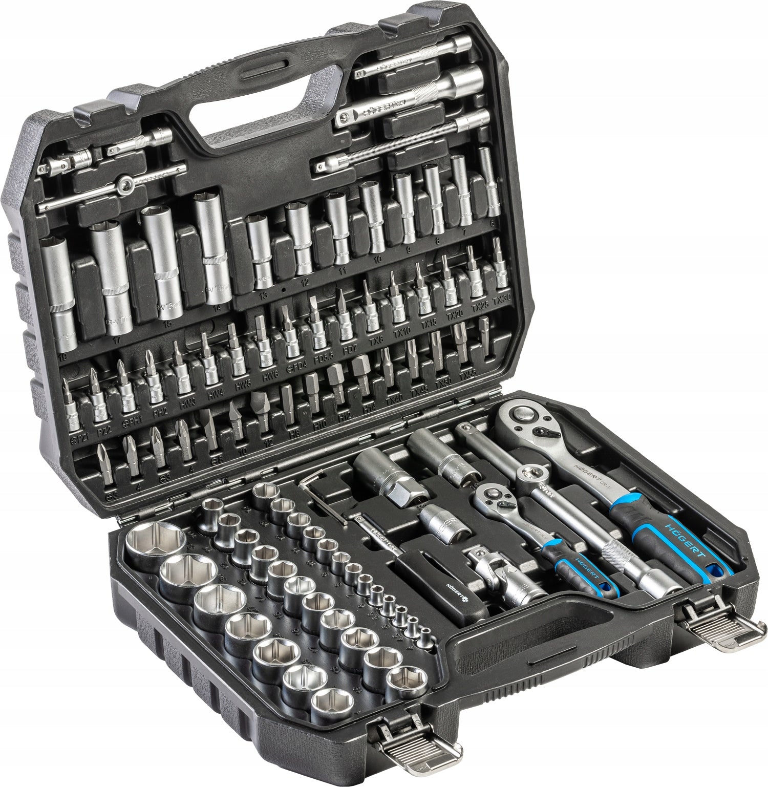 Tool set 95 elements, CrV, ratchets 72T CrMo, Hoegert Technik