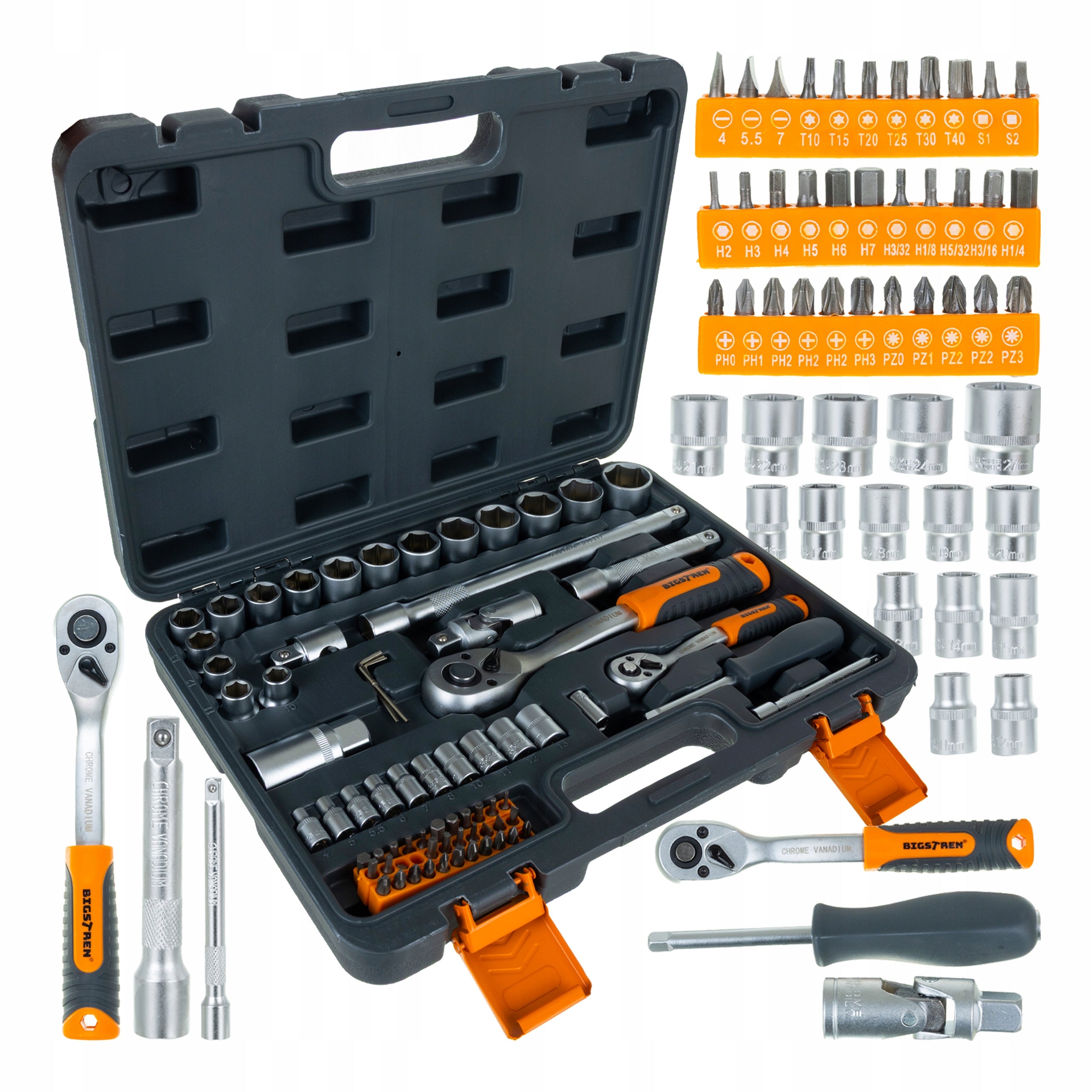 Tool set Bigstren 72 el. Socket wrenches 1/4" 1/2" Rattles 72T