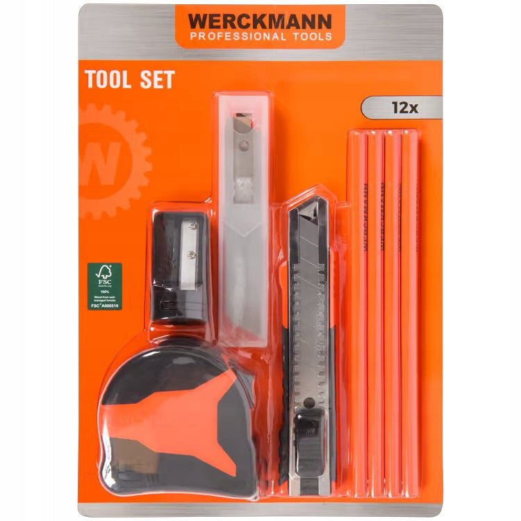 Tool set MEASURE 5m PENCIL KNIFE sharpener BLADES Werckman 12elements Brand Werckmann