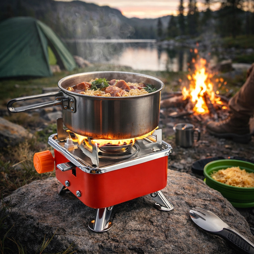 Tourist Gas Stove Folding + 4 Cartridges Gas Set Strong Camping Packaging status original