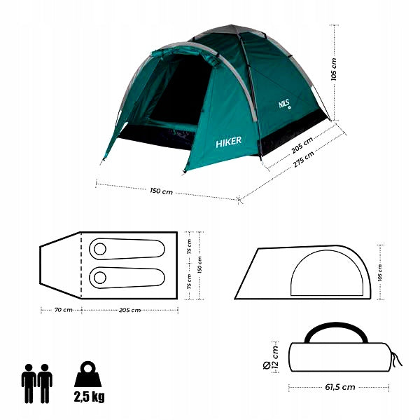 Tourist Tent Water Resistant Large For 2 People NILS Camping 275x150 cm Number of people 2