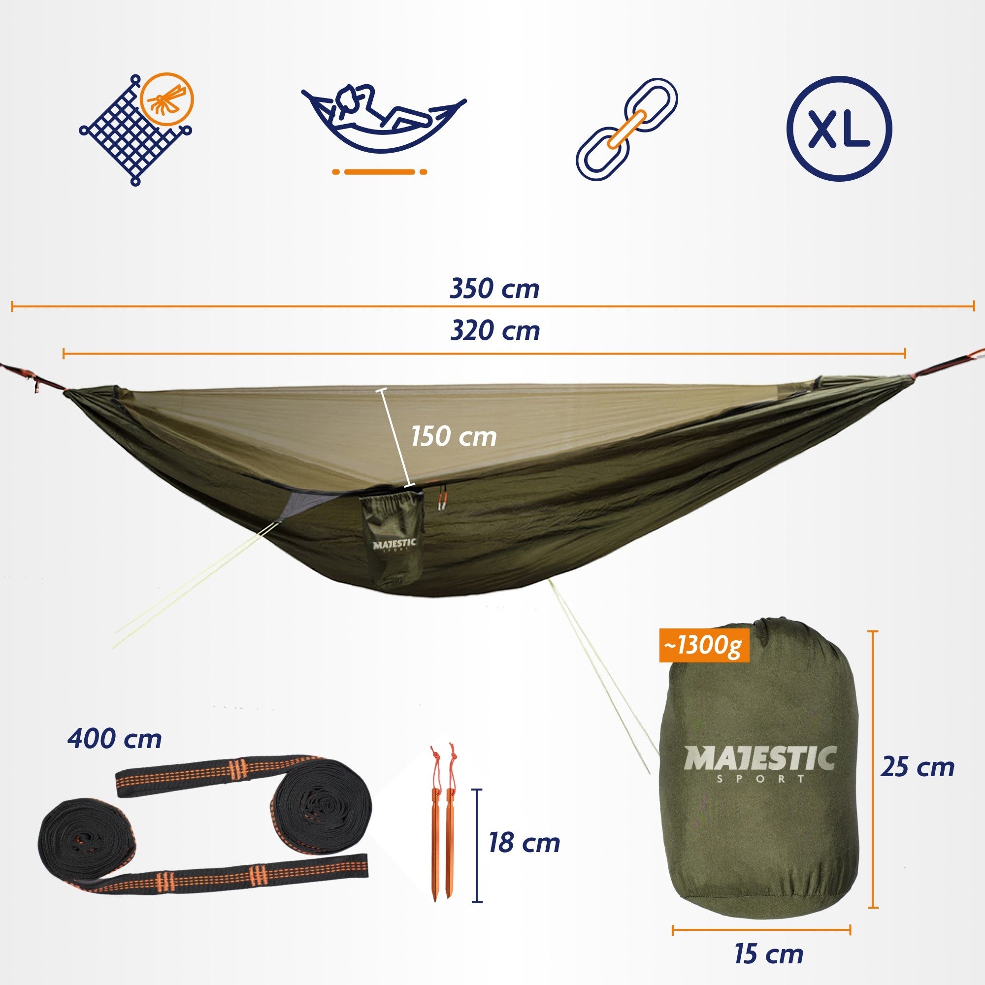 Tourist hammock with mosquito net bushcraft Majestic Sport 320x150 cm Total length 350 cm
