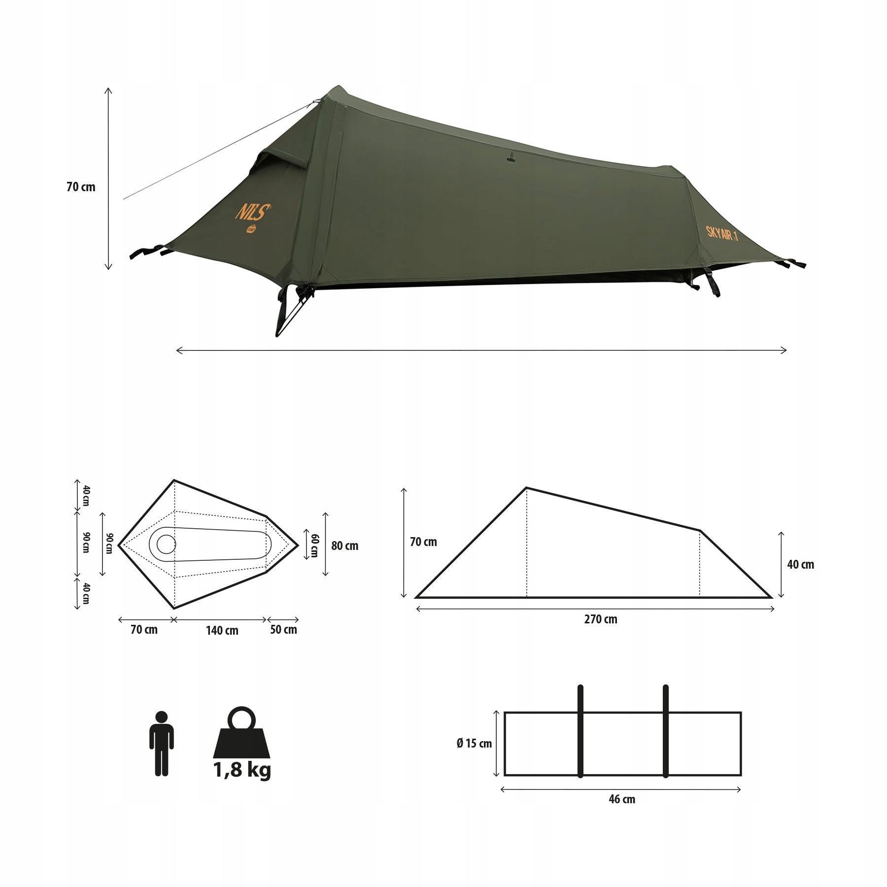 Tourist tent 1-person NC2501 ULTRA light SKYAIR 1 green NILS Manufacturer code 17-04-136