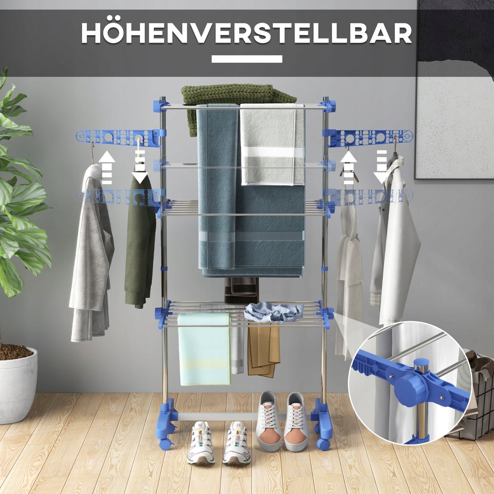 Tower clothes dryer blue, 3 levels, foldable on wheels Product weight with unit packaging 4.62 kg