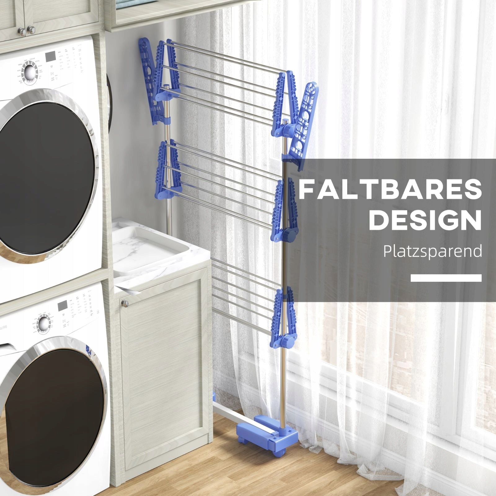 Tower clothes dryer blue, 3 levels, foldable on wheels Unfolded width 142 cm