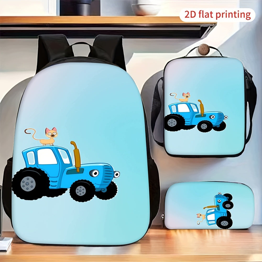 Tractor Cat Print Backpack Set with Lunch Bag, Adjustable Straps