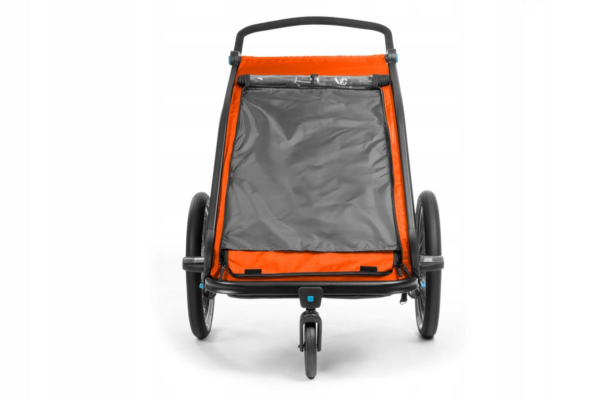 Trailer Cube Kids Trailer Double CMPT X Actionteam grey'n'orange Additional features shock absorption safety flag stroller front wheel included hi-vis reflectors sun visors lighting securing straps pumped wheels cargo space foldable trailer design