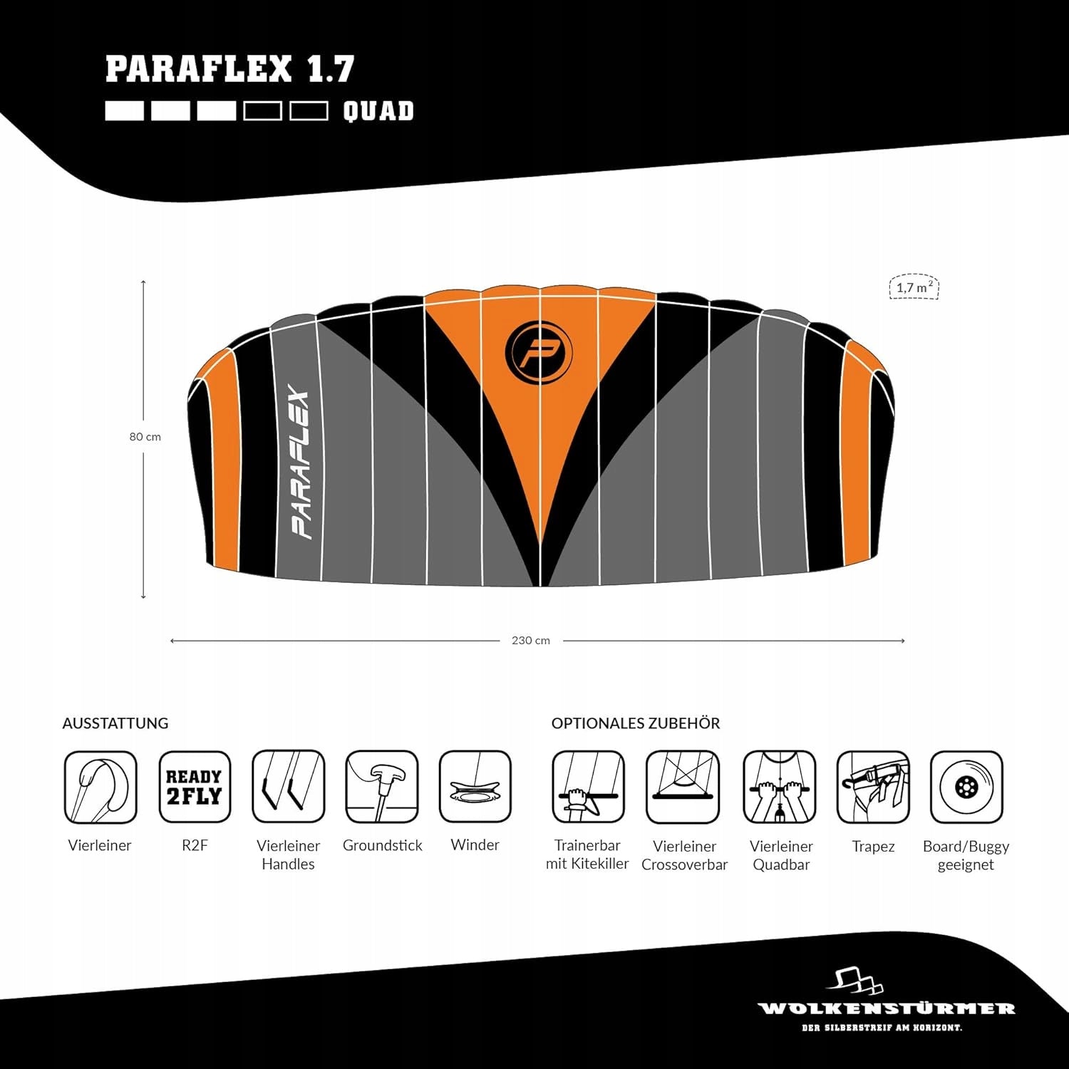 Training kite Paraflex 1.7 Quad black orange 4 links Packaging status original