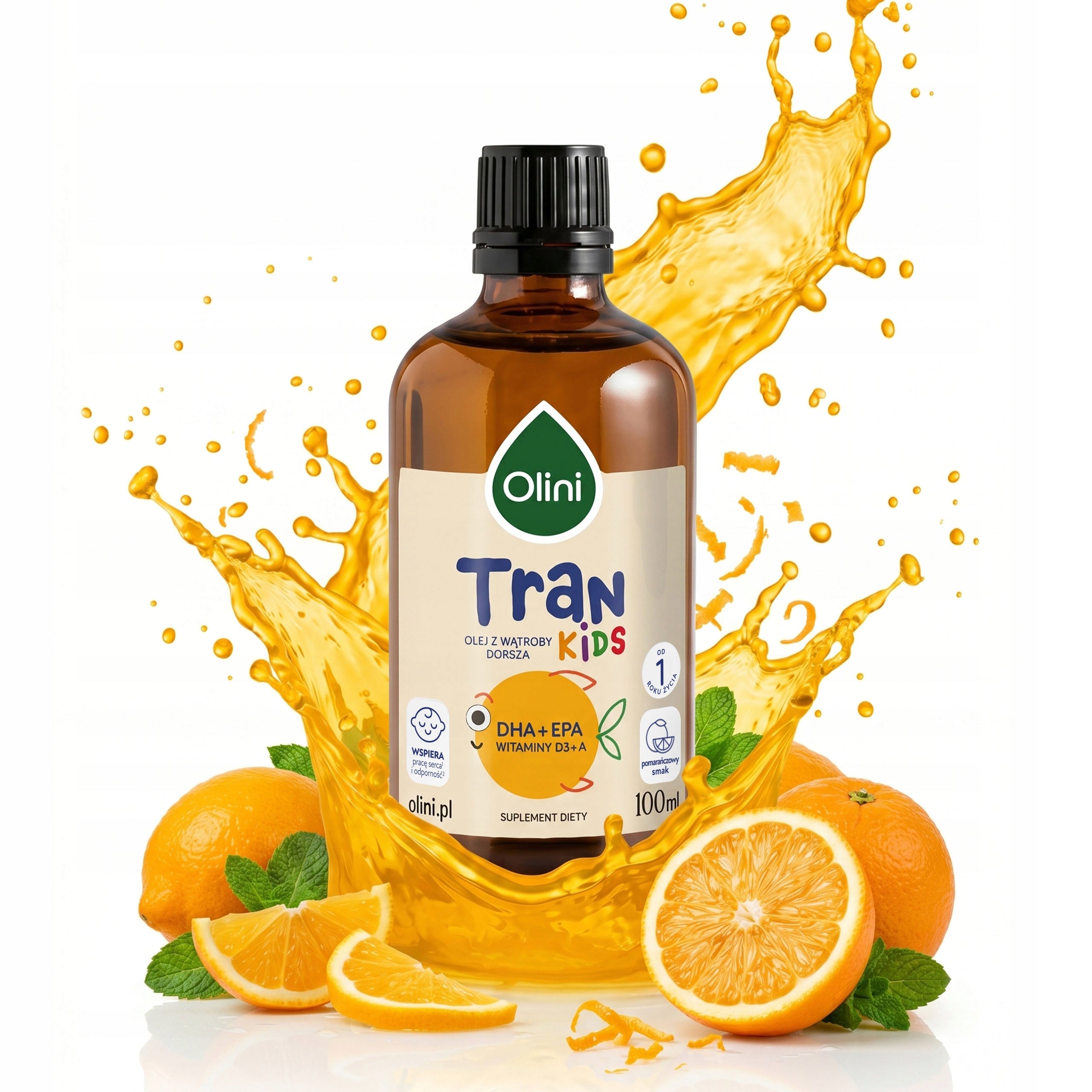 Tran for children Norwegian Omega 3 orange OLINI vitamin D and A 250ml Medical device no