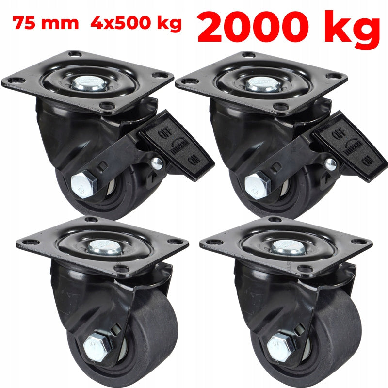 Transport wheels with brake SET 4PCS ZNY 75MM 2000 kg swivel 500kg Manufacturer code 2xLOZNY75_2xLOZNY75-HC