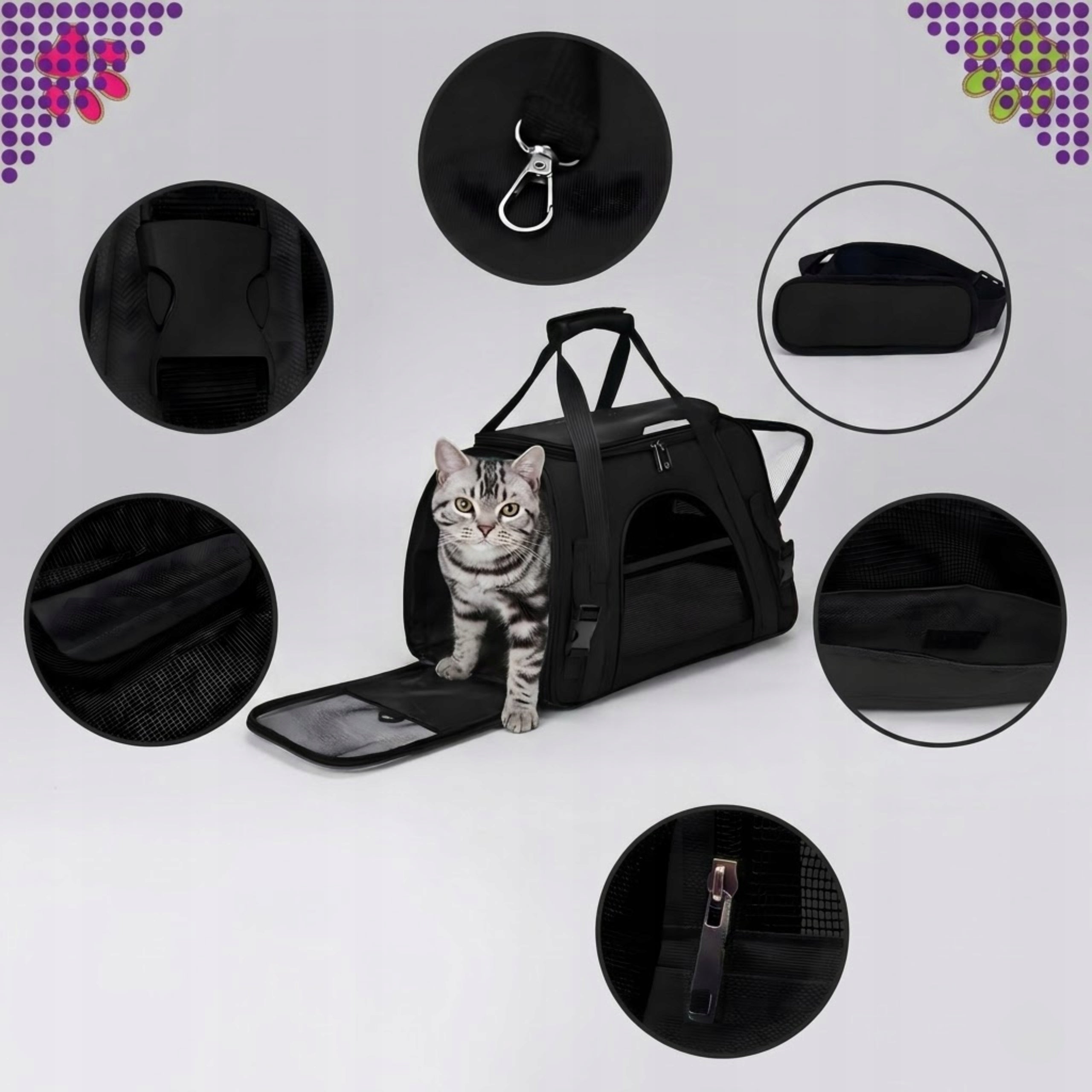 Transporter for Dog Cat Animal Black Large Bag Belt Lanyard Reflectors Brand Real Animals