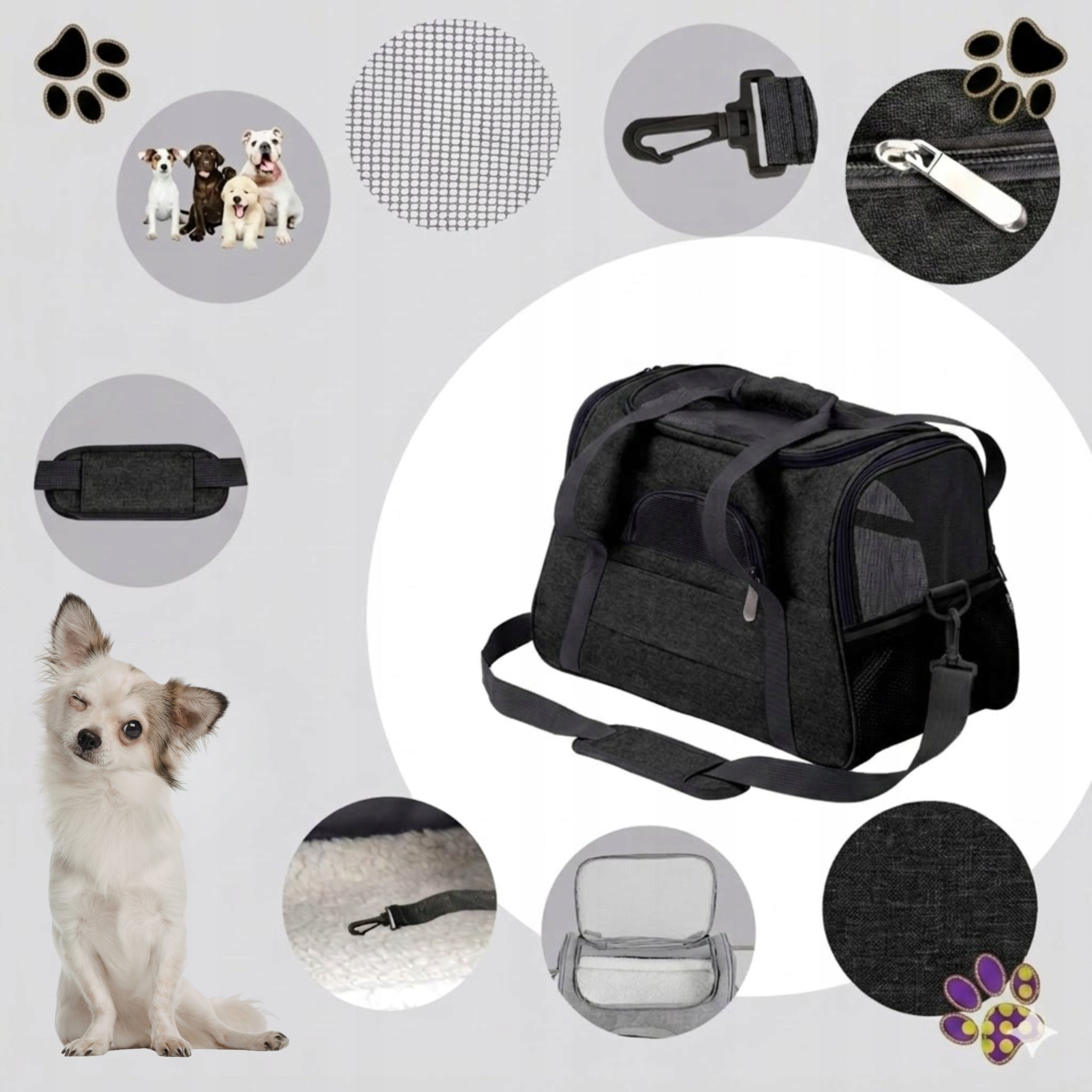 Transporter for Dog Cat Animal Black Large Bag Belt Lanyard Reflectors Kind carrier