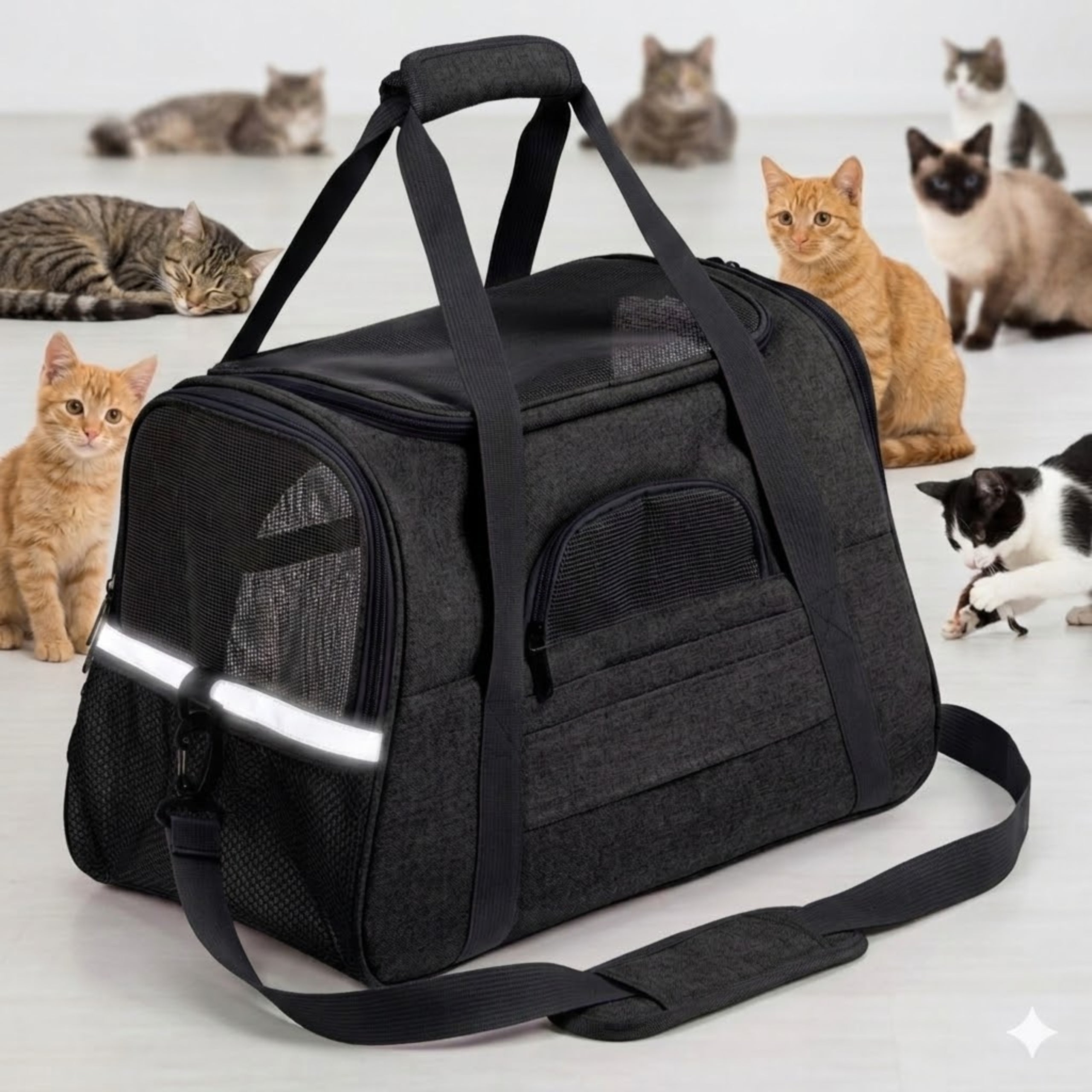 Transporter for Dog Cat Animal Black Large Bag Belt Lanyard Reflectors Product height 28 cm