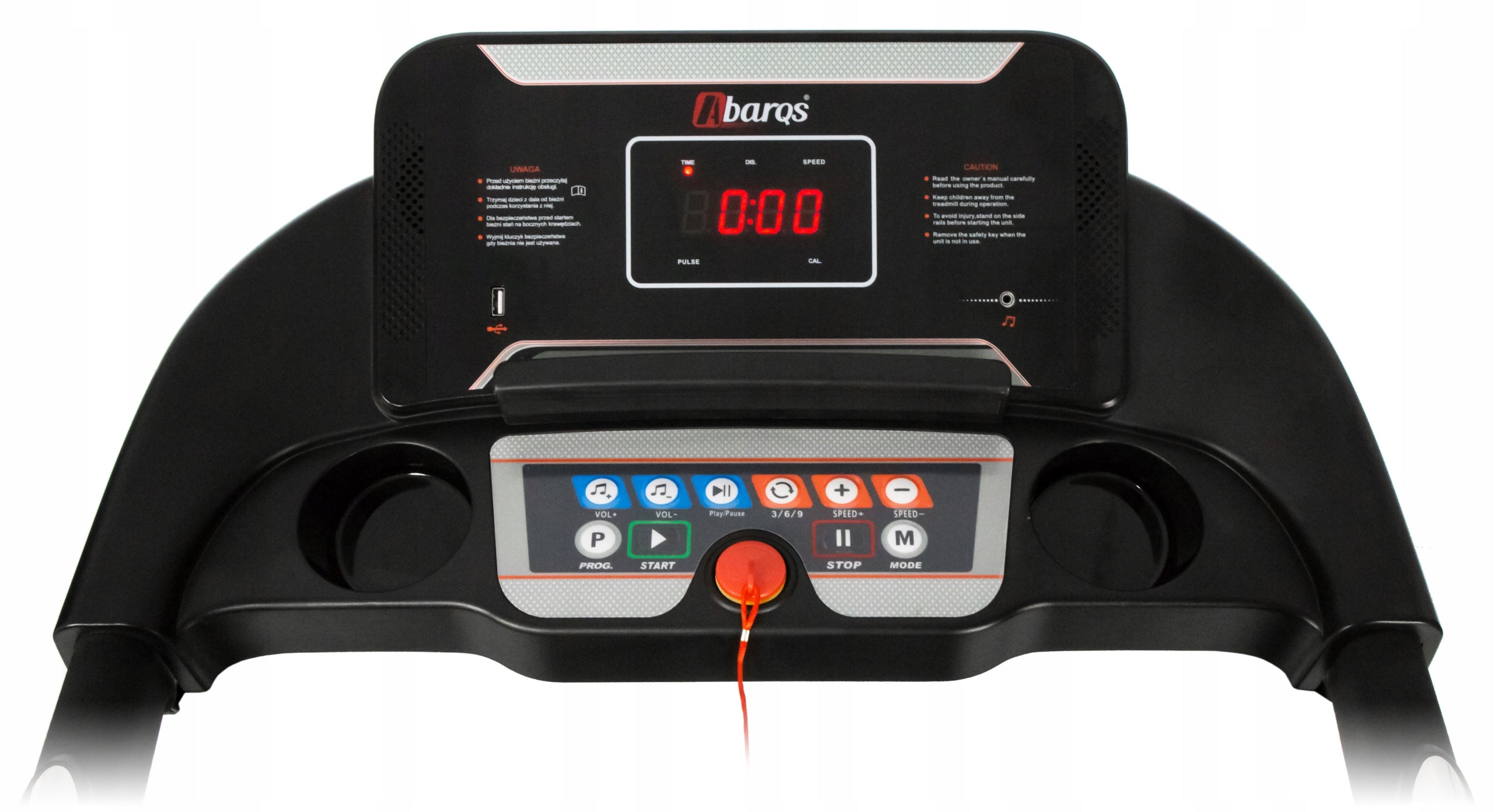 Treadmill 12km/H electric with water bottle holder tablet belt 40cm 110kg AbarQs Additional features Bluetooth speakers keyboard shortcuts safety key transport wheels place for water bottle place for mobile phone/tablet foldable training programs tilt angle adjustment headphone jack USB port display