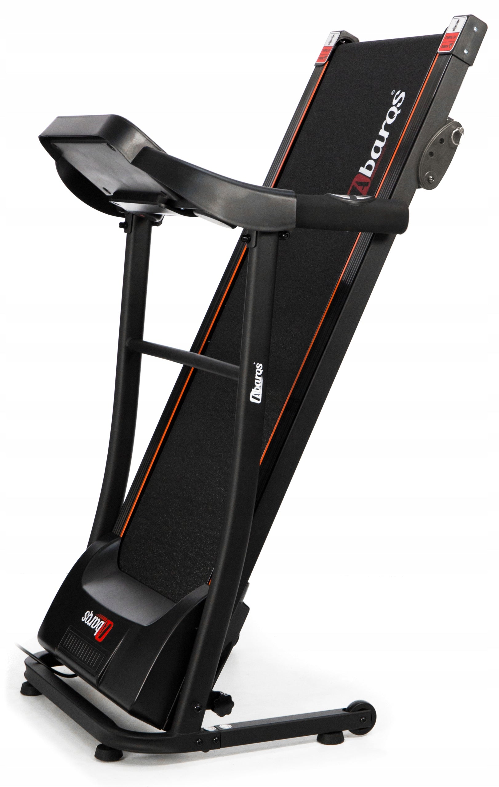 Treadmill 12km/H electric with water bottle holder tablet belt 40cm 110kg AbarQs Measurements training duration distance speed pulse burned calories