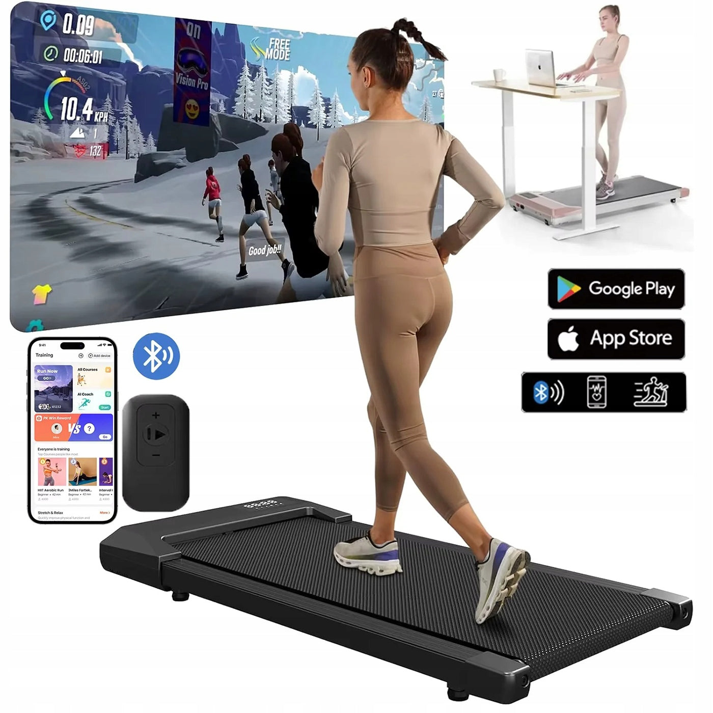 Treadmill 2in1 Walking Pad 2.5KM 136kg APP Bluetooth Remote Control Quiet Desk