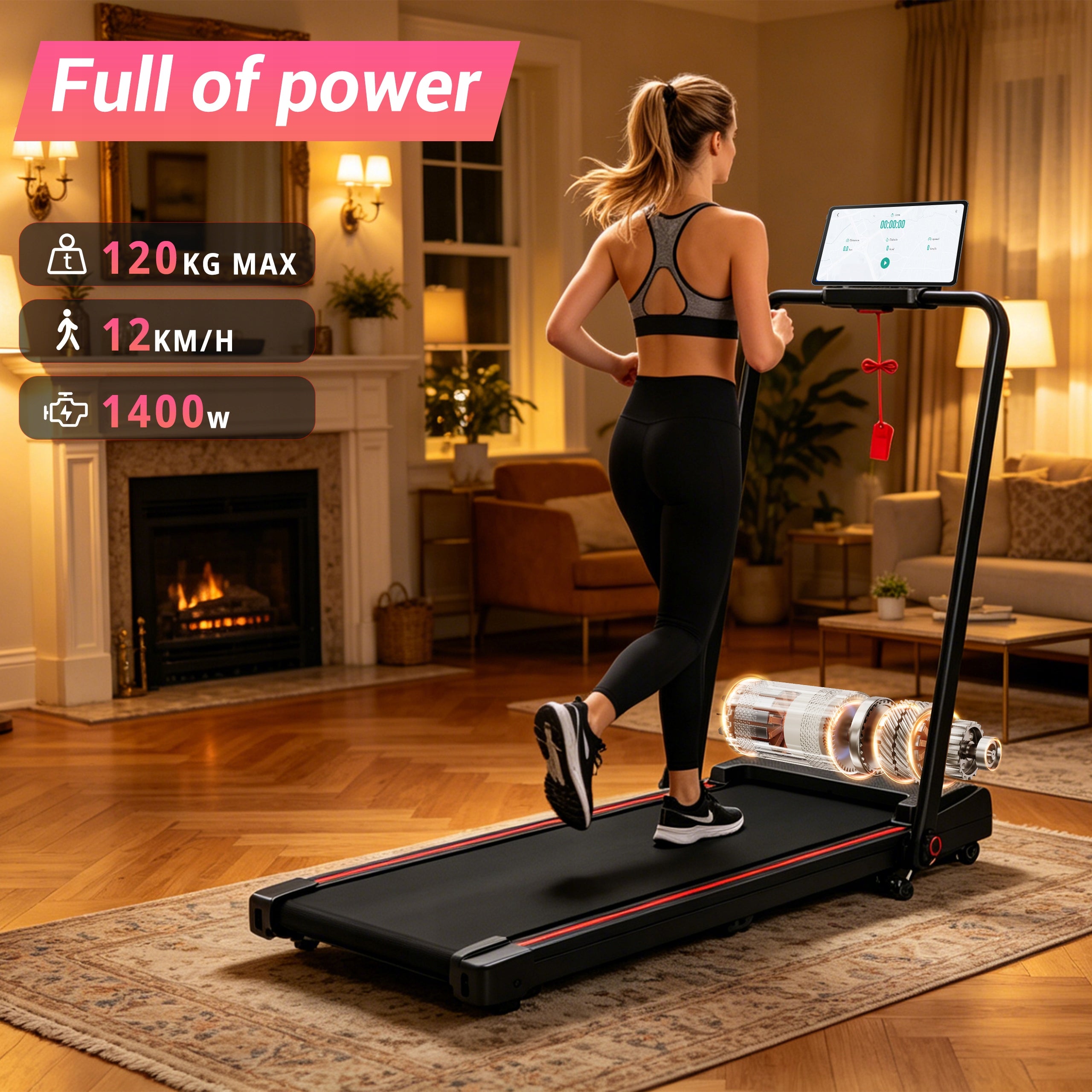 Treadmill Folding Home Electric Flat Under Bed 1-12km/h 3 Gradient Armrest Maximum user weight 120 kg