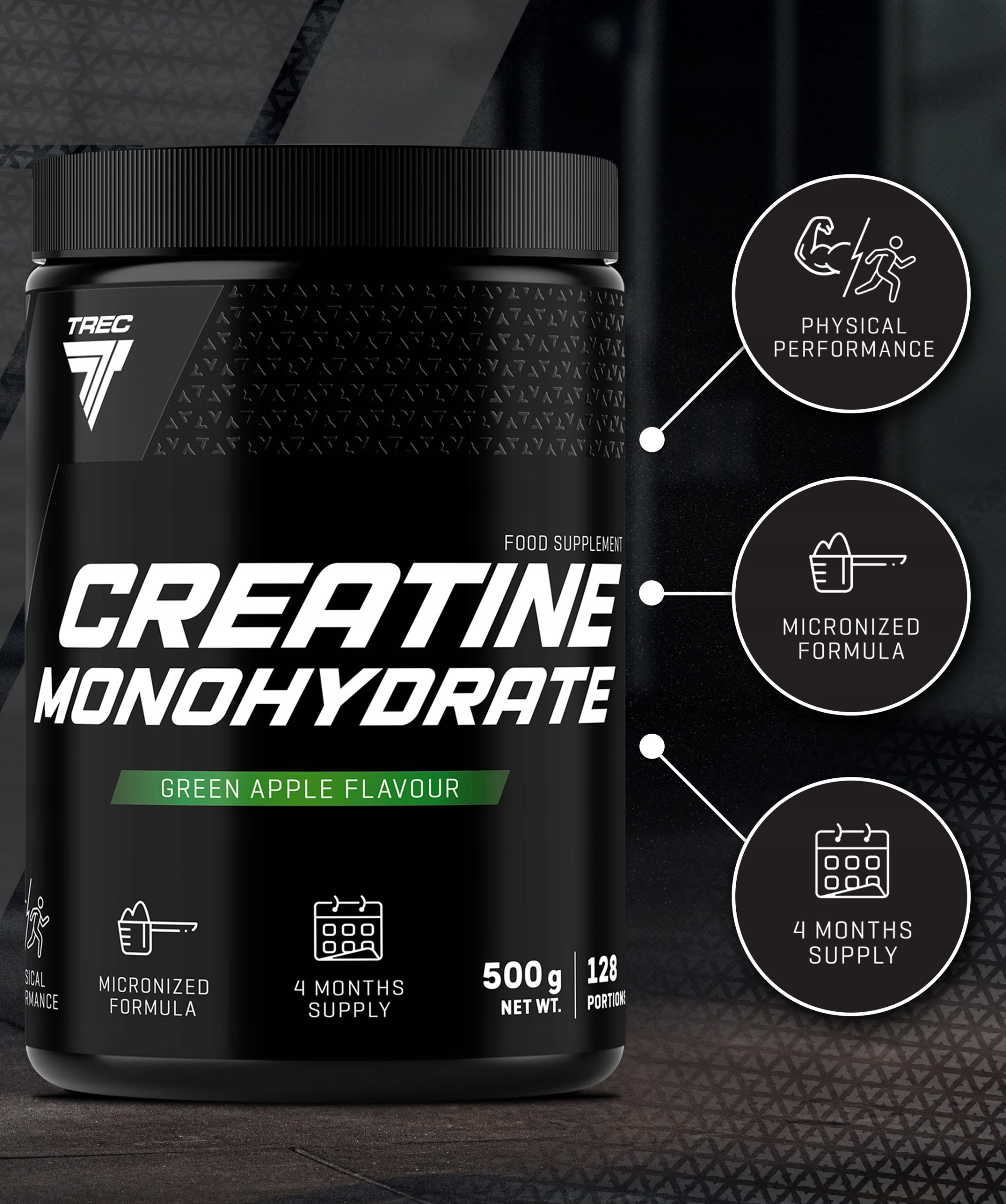Trec Creatine Monohydrate 500 g GREEN APPLE Creatine Monohydrate 128 por Expiration date at least six months from the date of purchase
