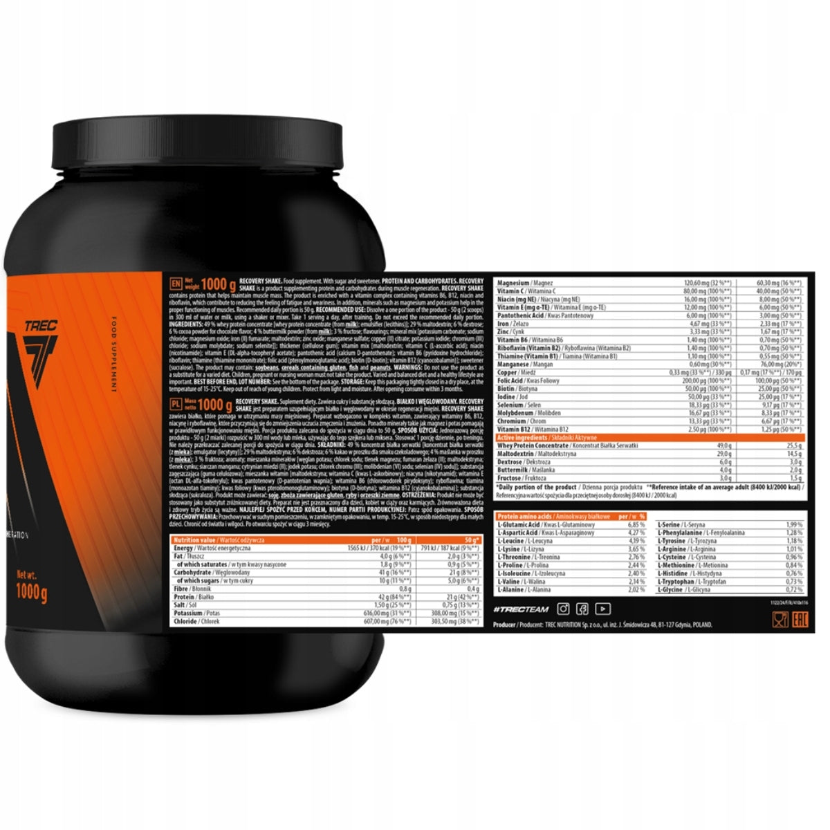 Trec Recovery Shake 1000g | Regenerating Shake | Regeneration | Chocolate Expiration date at least 1 year from the date of purchase
