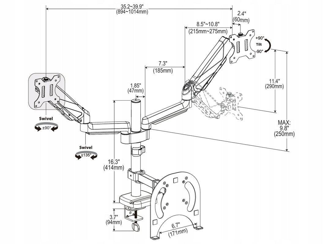 Triadyn TriMount TRD-BLK-3AL-13"-32" Desk Mount Model TriMount TRD-BLK-3AL-13"-32"