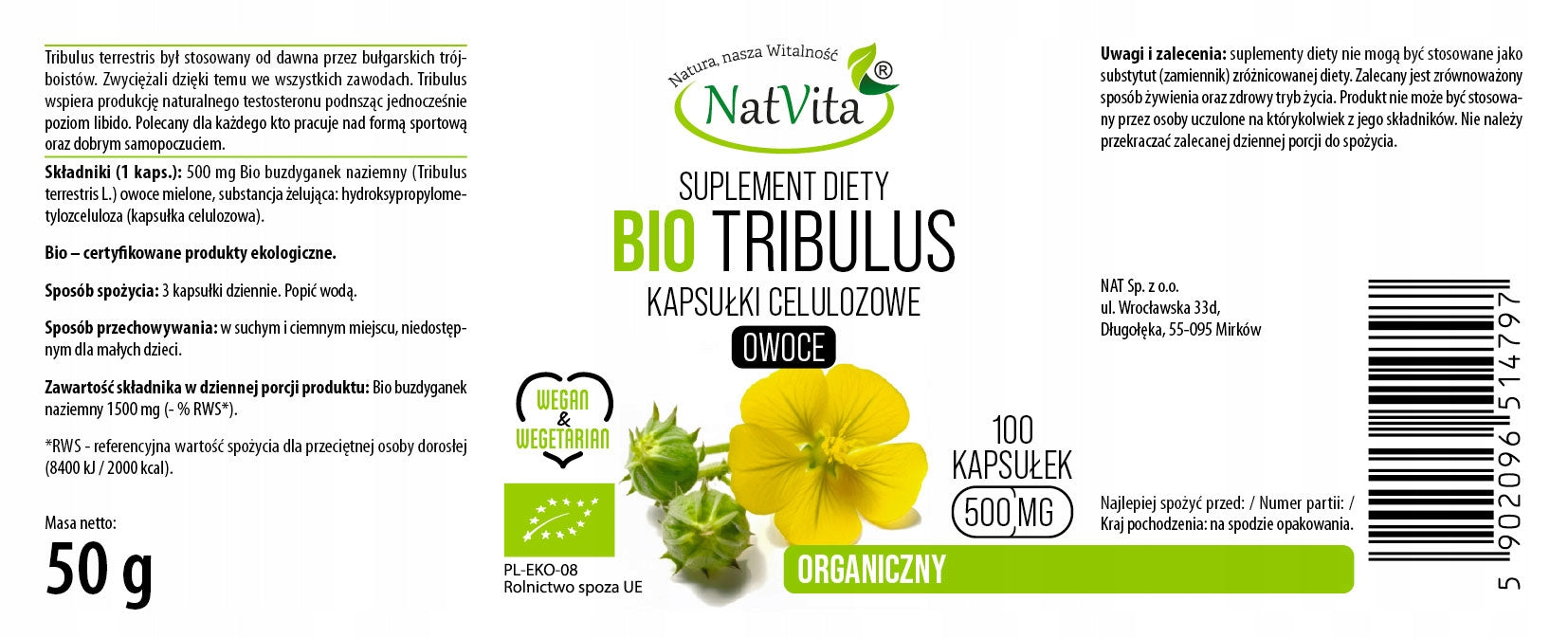 Tribulus Terrestris BIO Testosterone Libido Booster Capsules 500mg NatVita Expiration date at least six months from the date of purchase