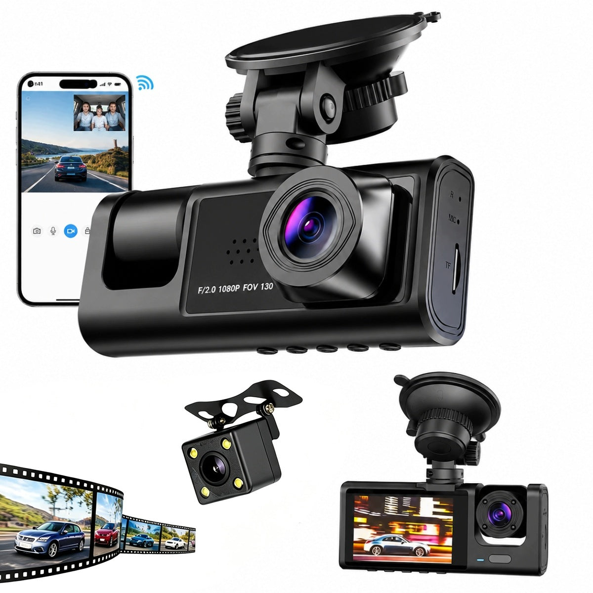 Triple Full HD Car Dash Cam with Parking Mode