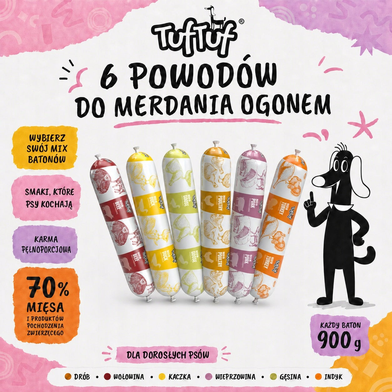 TufTuf Wet Dog Food Mix Flavours Bar 10x900g Complete Manufacturer code Baton karma dla psa 10 x 900g mix smaków