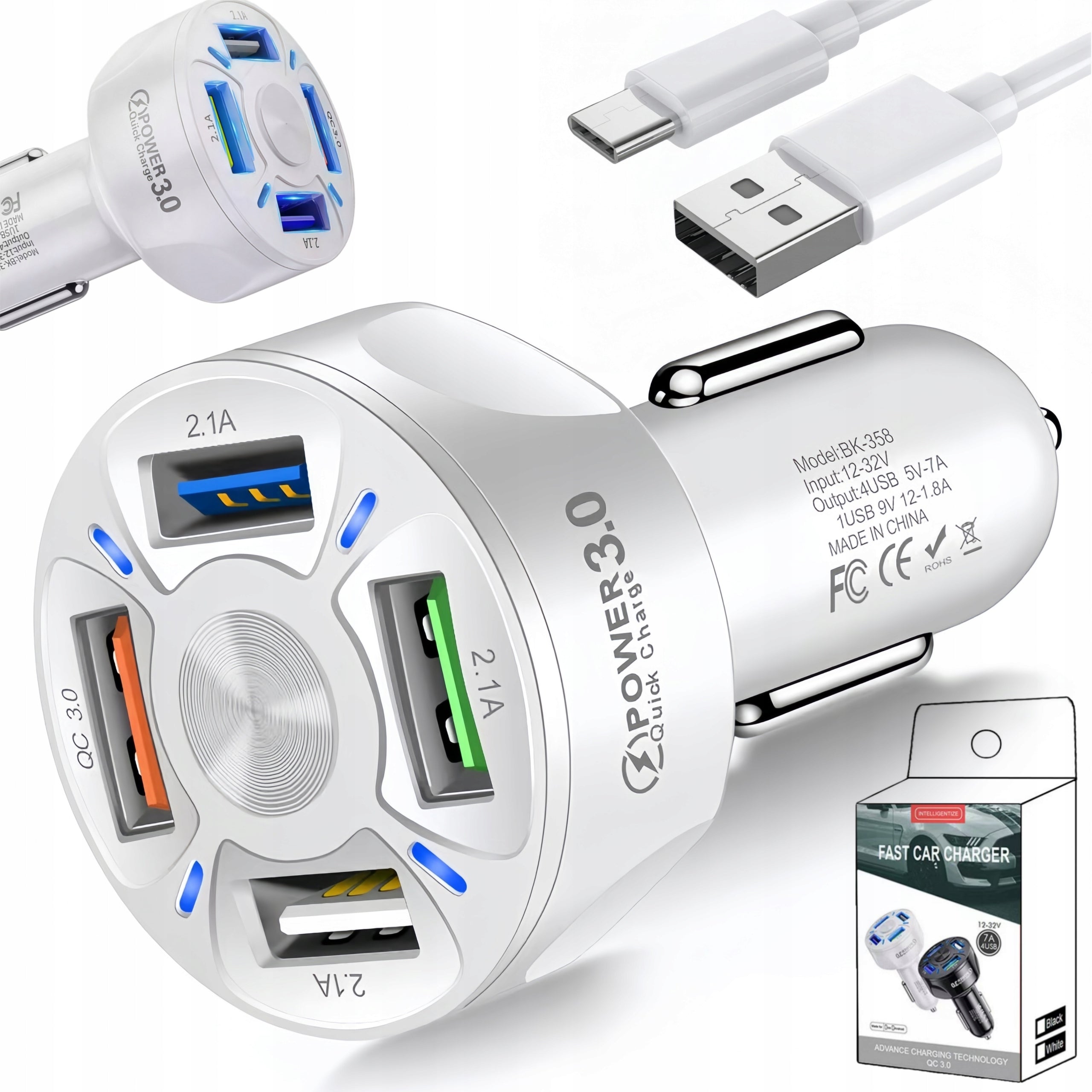 Turbo Car Charger 4x USB TO CAR PD QC 3.0 + Fast Cable