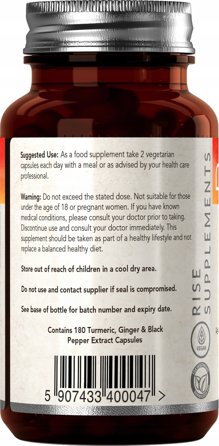 Turmeric, Ginger and Black Pepper Extract 750mg - 180 Capsules Brand Rise Supplements