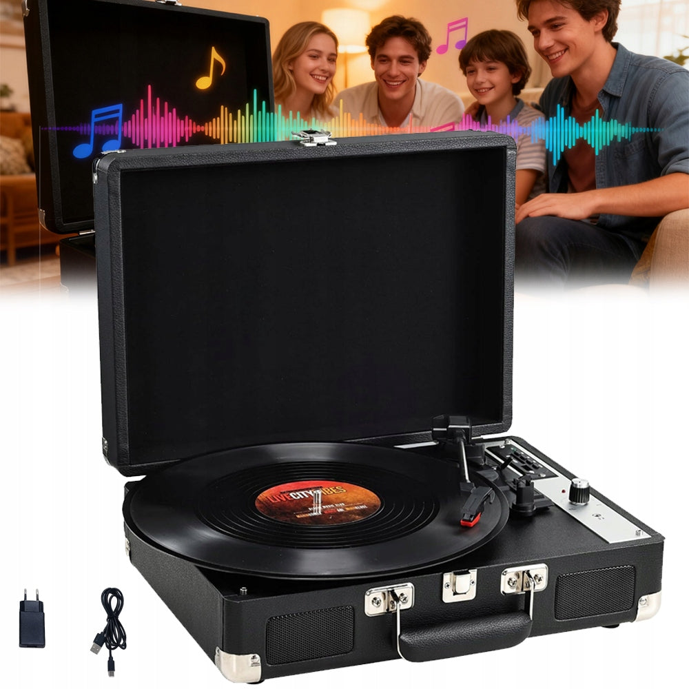 Turntable in case with stereo speakers conversion vinyl black