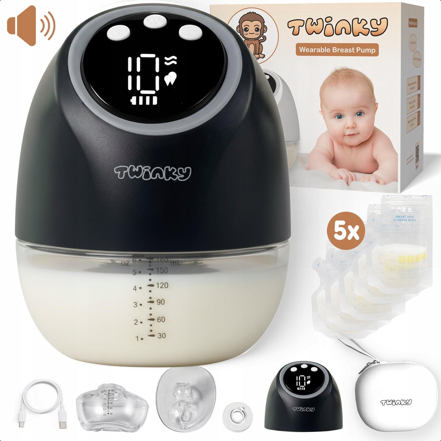 Twinky Portable Breast Pump, 4 Modes and 9 Power Levels, Black