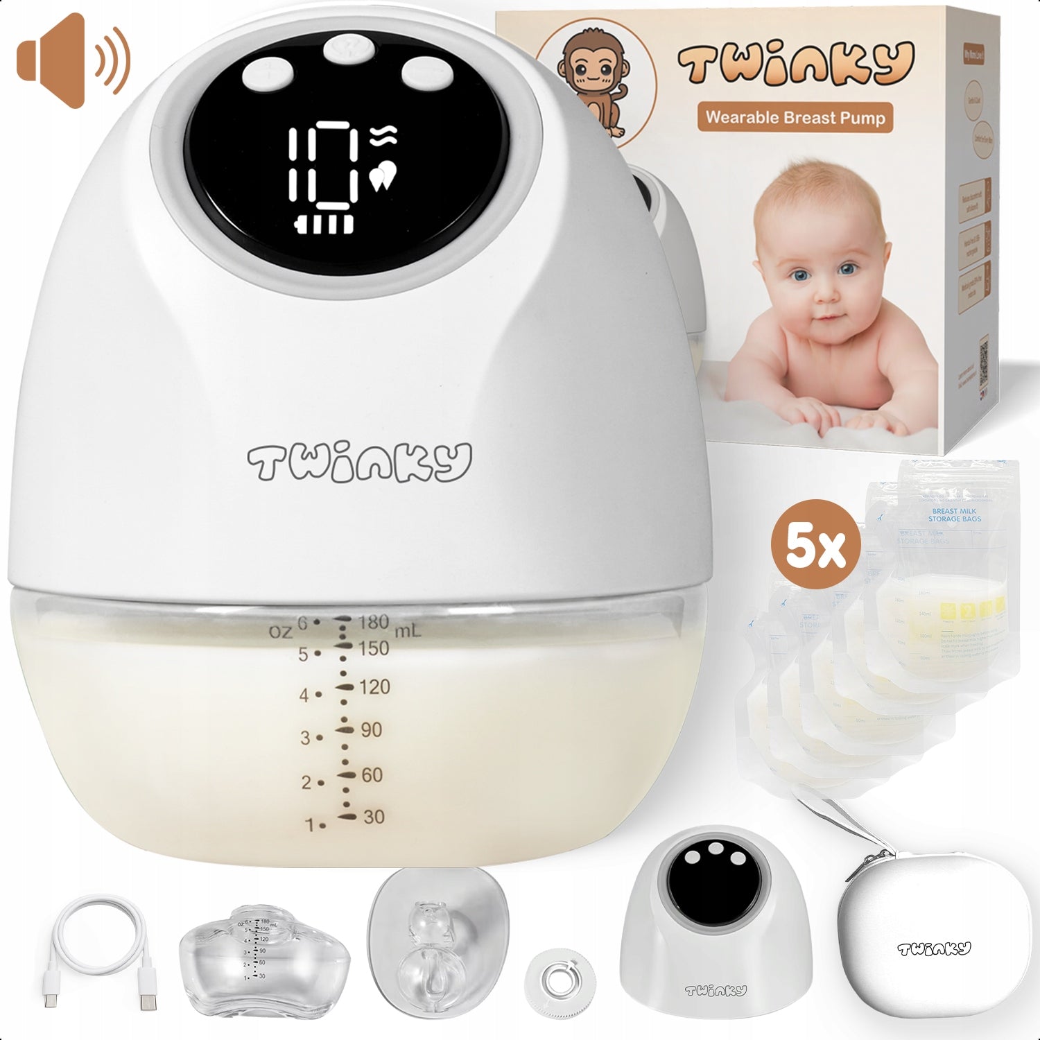 Twinky Portable Breast Pump, 4 Modes and 9 Power Levels, White