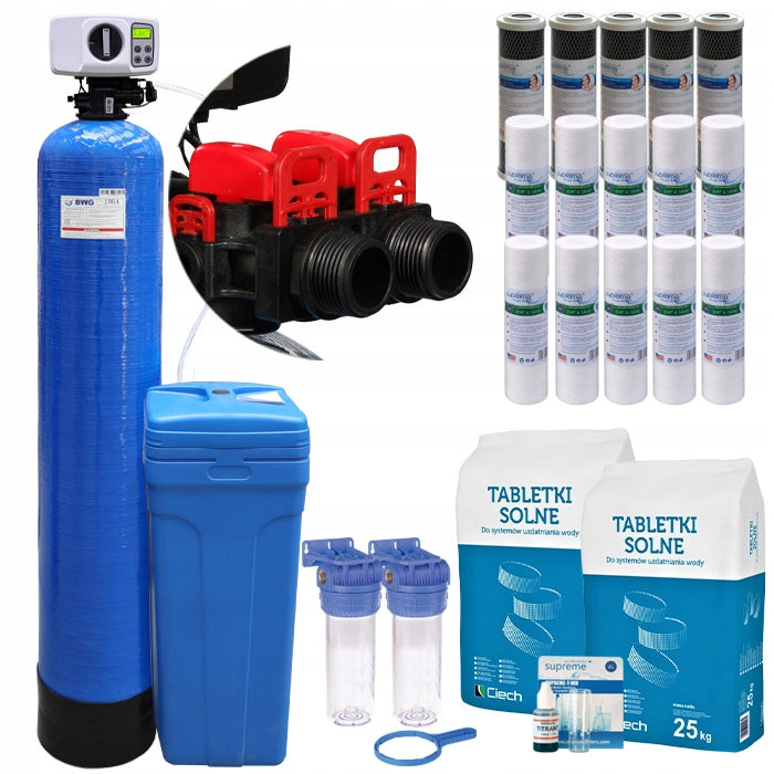 Two-element water softener, 60L, salt, tester, BY-PASS, PL menu, mixing.