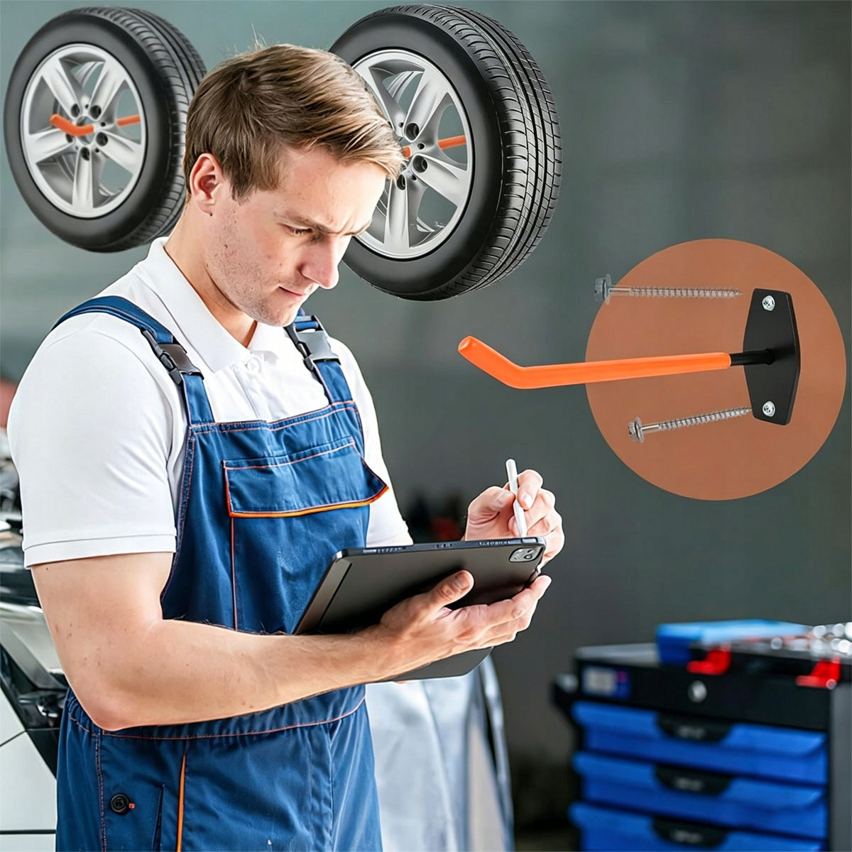 Tyre Holder Rim Organizer Garage Set 4x 40kg Wheels Hook Strong Packaging status original
