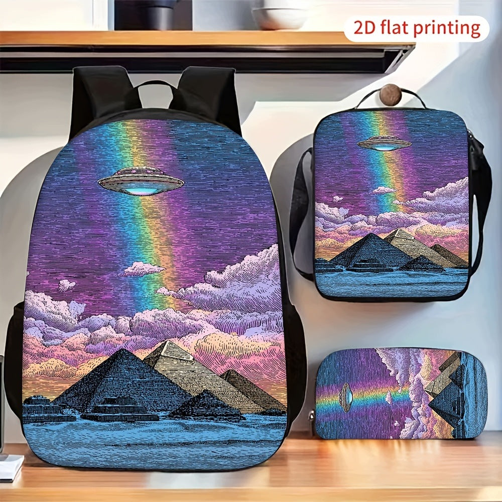 UFO Rainbow Pyramid Pattern Backpack Set with Matching Pouch Bag
