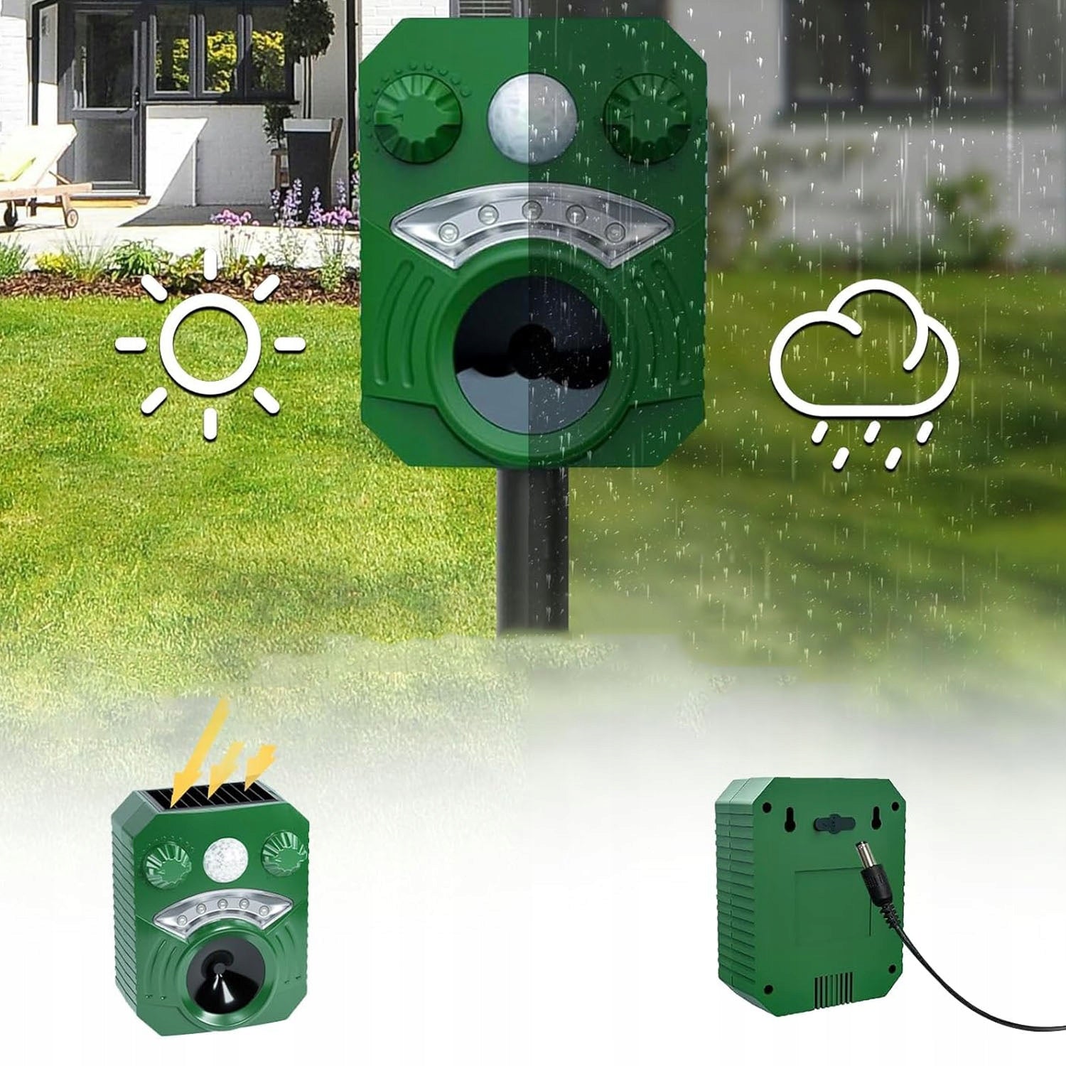 ULTRASONIC-LIGHT REPELLENT SOLAR WATERPROOF BIRDS MARTEN DOGS FOXES Manufacturer code 56756541