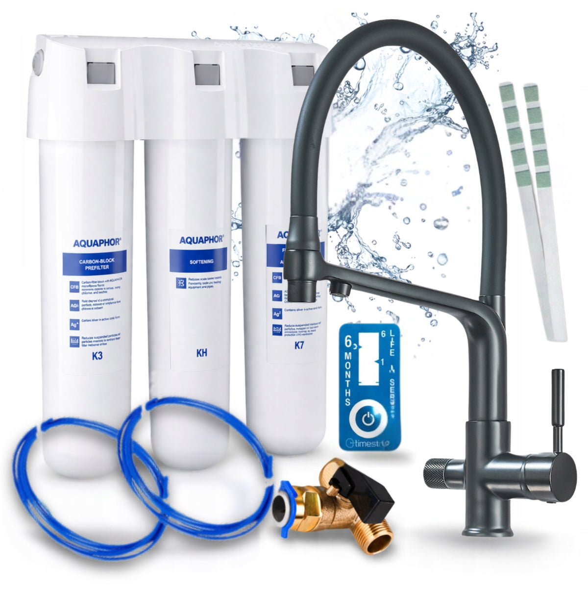 UNDERCABINET WATER FILTER AQUAPHOR CRYSTAL H AND THREE-WAY BATTERY BLACK
