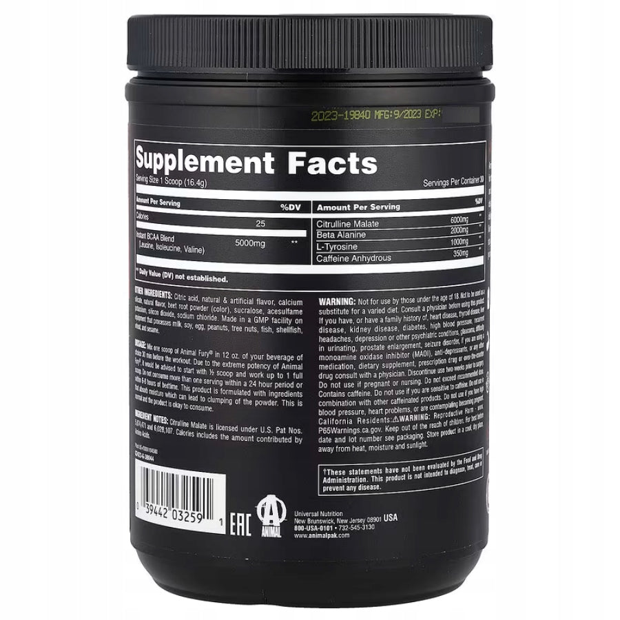UNIVERSAL ANIMAL FURY WATERMELON 492G PRE-WORKOUT - Watermelon Flavor Expiration date at least 1 year from the date of purchase
