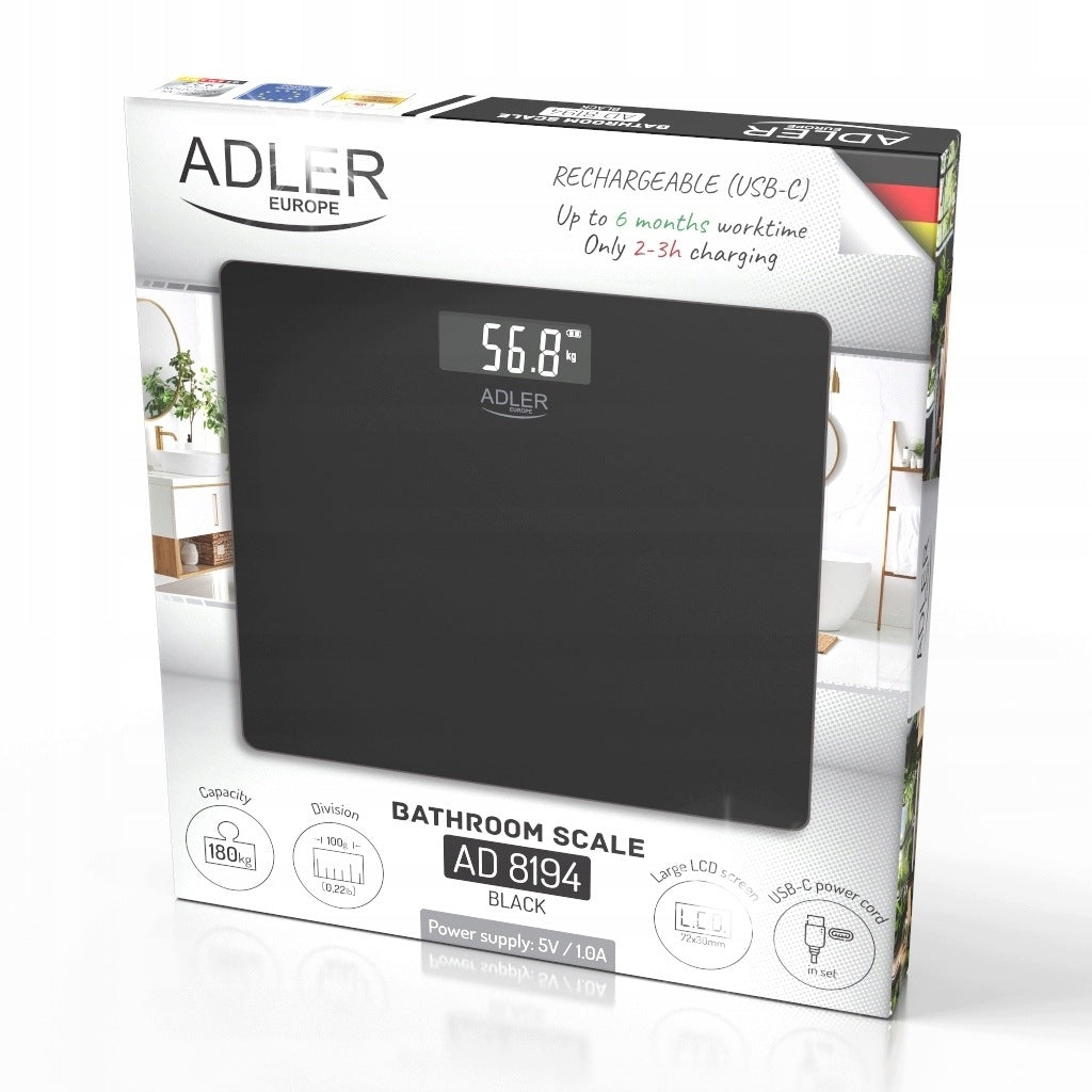 USB-C Cordless Bathroom Scale 180kg Black LCD Tempered Glass 100g