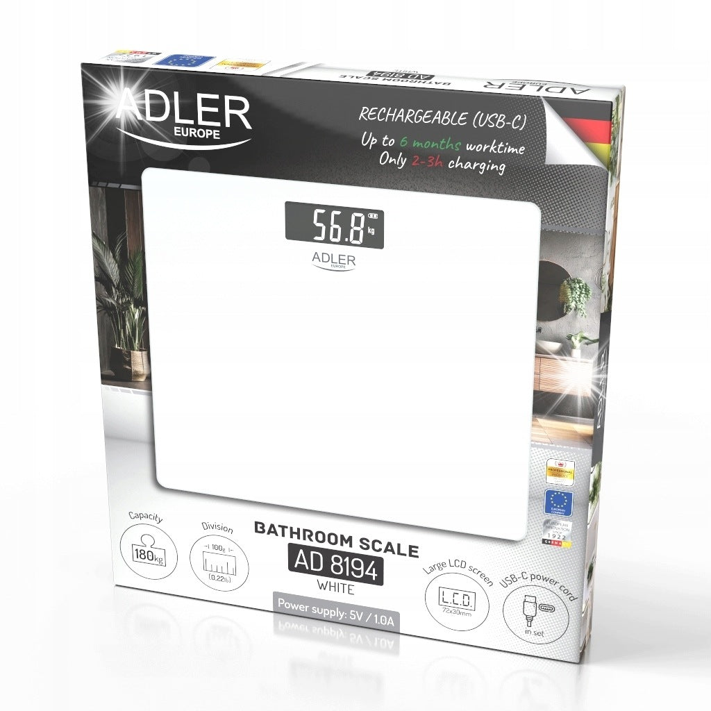 USB-C Cordless Bathroom Scale 180kg White LCD Tempered Glass 100g